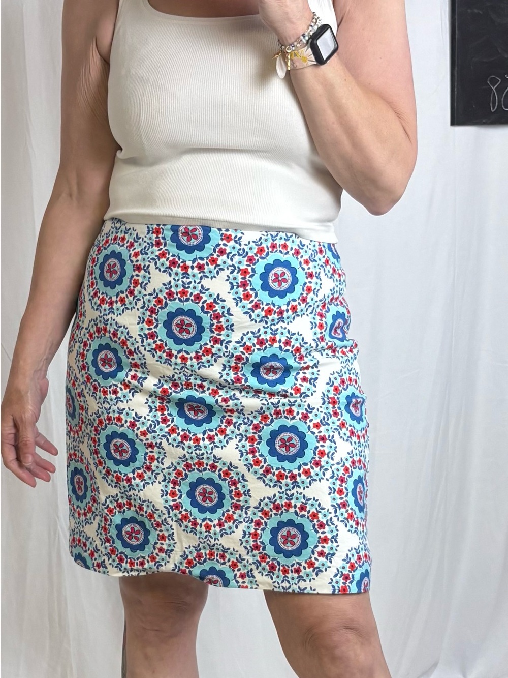Talbots White Mini Skirt with Blue and Red Floral Medallions